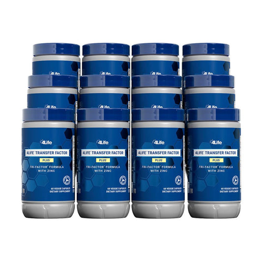 Twelve bottles of 4Life Transfer Factor Plus Tri-Factor Formula with Zinc, 60 veggie capsules each