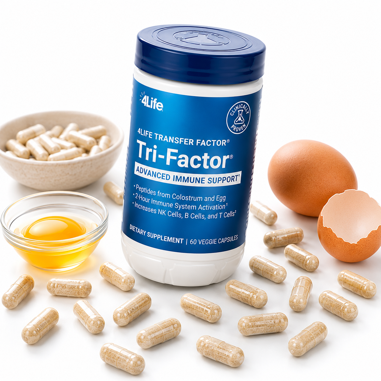 4Life Transfer Factor Immune Support bottle with capsules on a surface.