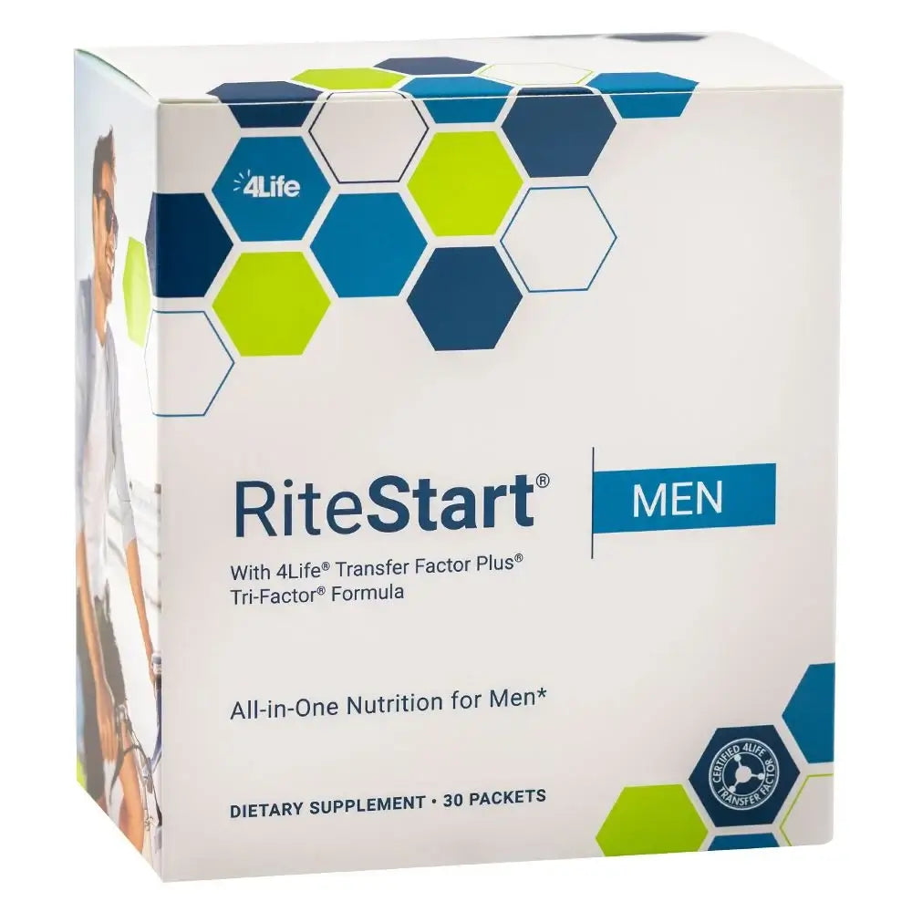 RiteStart Men packaging showcasing an all-in-one nutrition supplement for men, featuring 30 daily packets.