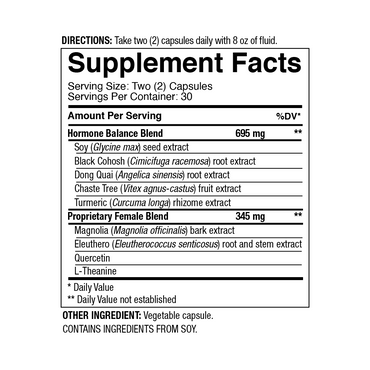 Supplement facts for 4Life Menopause Support, including hormone balance and proprietary blends ingredients.
