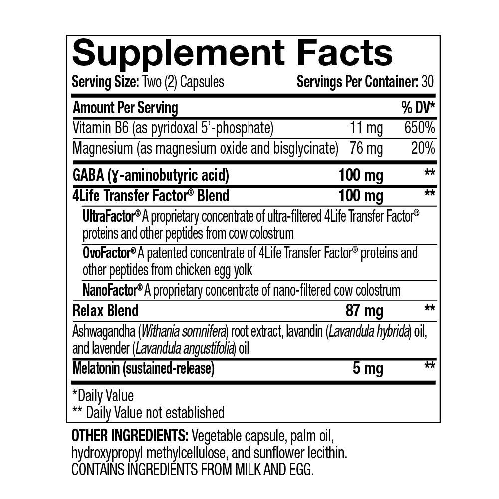 4Life Transfer Factor SleepRite Supplement Facts panel