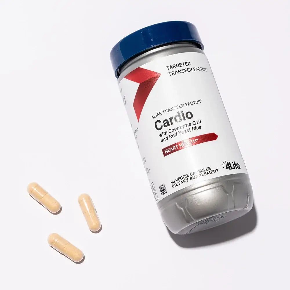 Transfer Factor Cardio supplement bottle with Coenzyme Q10, heart health capsules.