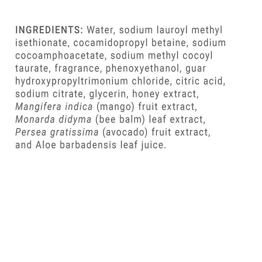 Ingredients list for Enummi Body Wash including mango, avocado, honey extract, and aloe juice.