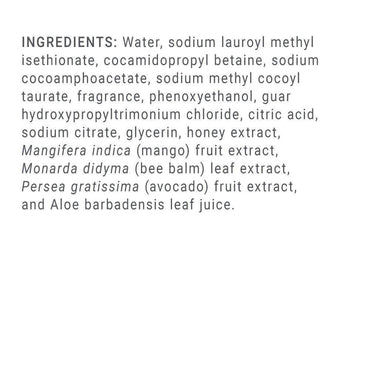 Ingredients list for Enummi Body Wash including mango, avocado, honey extract, and aloe juice.